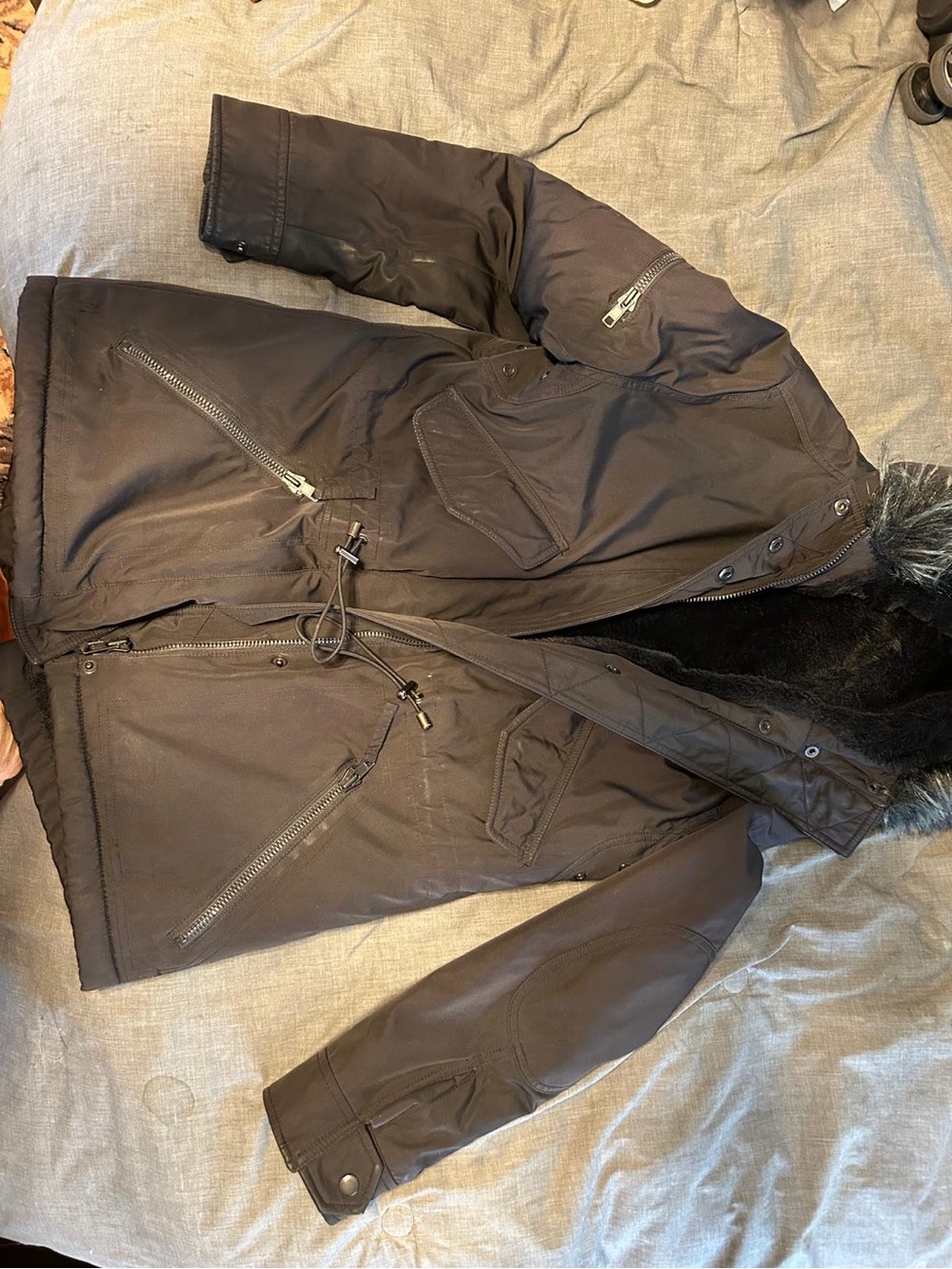 Women’s Black Winter Parka Jacket with Faux Fur Trim